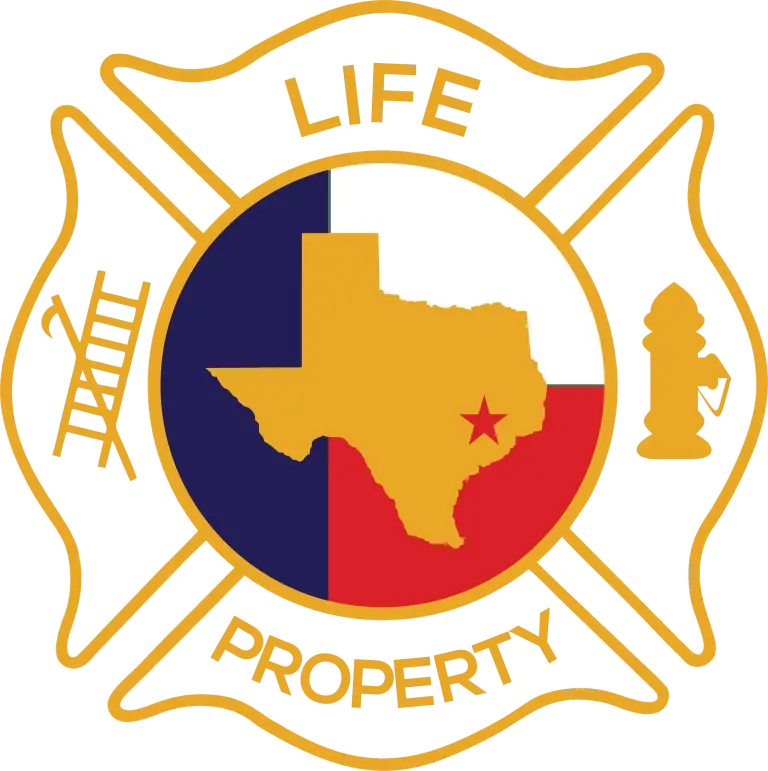Logo featuring a texas map split into blue and red halves with a star, encircled by a firefighter emblem with axes, a helmet, and words "life property.