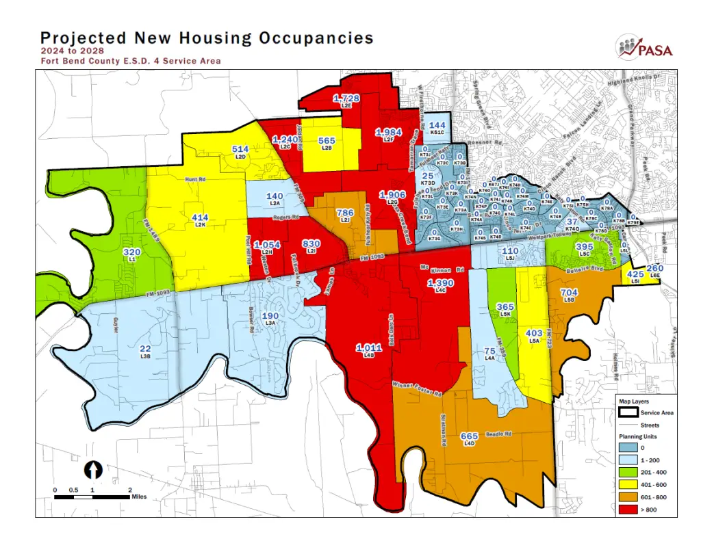 Map showing projected new housing occupancies in Fort Bend County E.S.D. 4 for 2024 to 2028. Areas are color-coded based on the number of projected new occupancies, with values labeled in each zone. Red indicates high occupancy, while green and yellow indicate lower values.